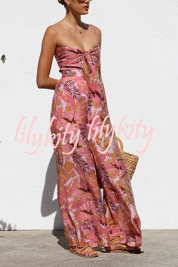 Botanical Print Strappy Resort Style Wide-leg Pants Jumpsuit