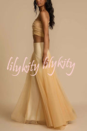 Romance Factor Satin Patchwork Tulle High Rise Elastic Waist A-line Maxi Skirt