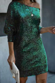 Solid Sequined Off-shoulder Loose Mini Dress