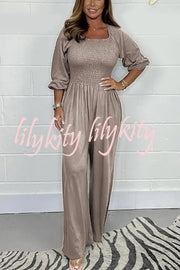 Casual and Comfortable Smocked Solid Color Wide Leg Jumpsuit