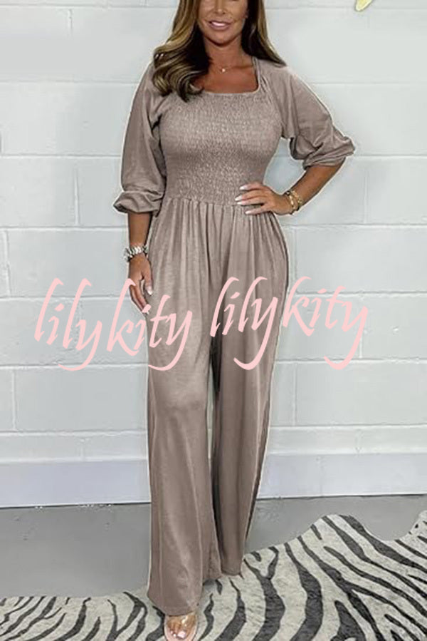 Casual and Comfortable Smocked Solid Color Wide Leg Jumpsuit