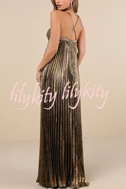 Jaelyn Metallic Fabric Pleated Back Cross Elasticated A-line Maxi Dress