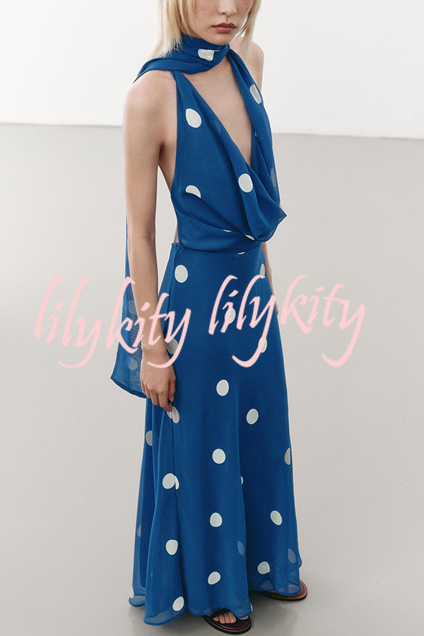 Fashion Polka Dot Print Sexy Halter Neck Backless Maxi Dress