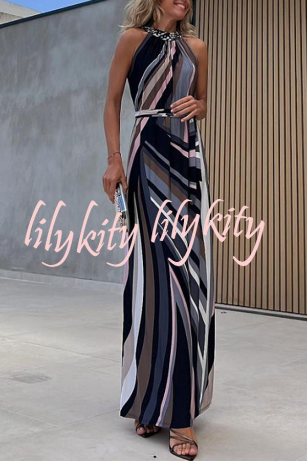 Flowing Elegance Colored Lines Printed Belt Halter Maxi Dress