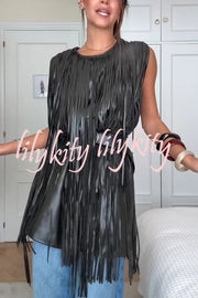 Modern Times Faux Leather Layered Tassel Design Sleeveless H-line Mini Dress