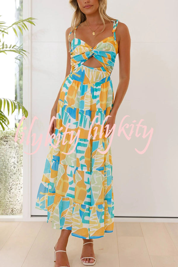 Unique Printed Suspender Tie Back Pleated Midi Dress