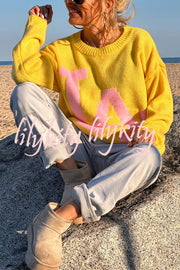 Letter Pattern Crew Neck Long Sleeve Loose Knit Sweater
