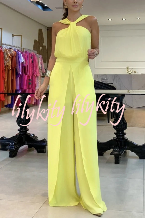 Solid Color Sleeveless Backless Halter Slit Wide Leg Jumpsuit