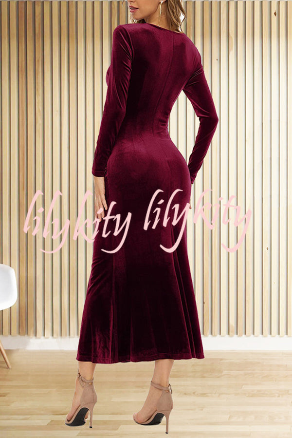 Solid Color Velvet Long Sleeve V-neck Slim Fit Fishtail Maxi Dress