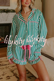 Merry and Bright Satin Striped Color-block Trim Loose Shirt and Elastic Waist Pocket Pajama Set
