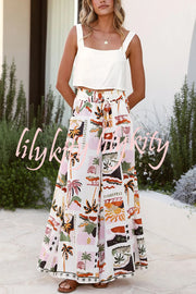 Holiday Style Holiday Print Casual Short-sleeved Shirt and Elastic Waist Loose Pocket Wide-leg Pants Set