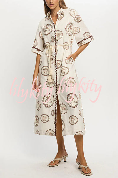 Resort Style Print Lapel Short Sleeves Casual Pocket Waist Tie Loose Midi Dress