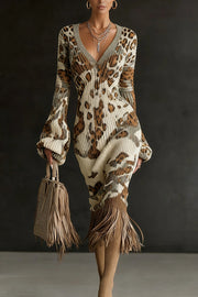 Unique Printed V-neck Long-sleeved Elegant Tassel Hem Midi Dress