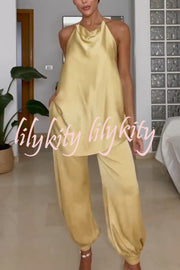 Satin Solid Color Loose Backless Casual Top