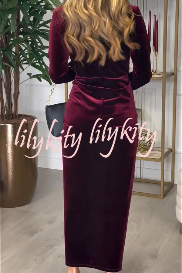 Creating Romance Velvet Ruched Drape Long Sleeve Stretch Maxi Dress