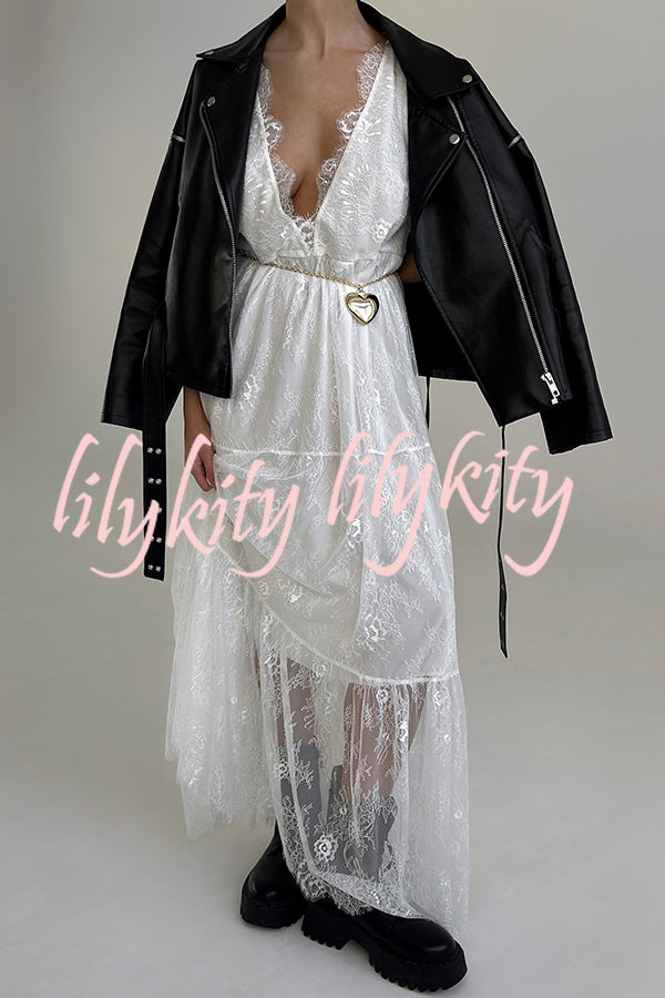 Fashionable Sheer Lace V-neck Backless Elegant Maxi Dress