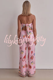 Linen Blend Unique Printed Bandeau Top and Elastic Waist Pocket Pants Set