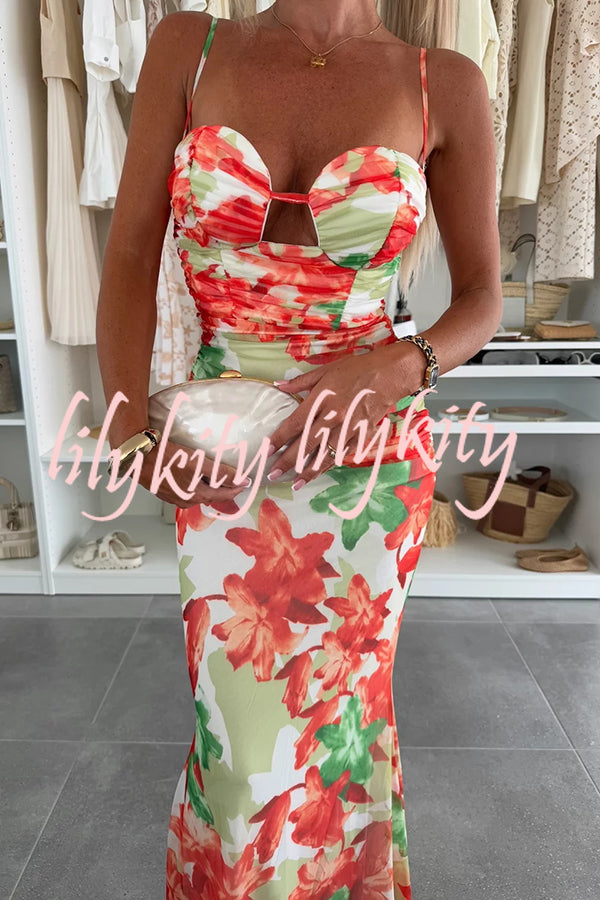 Irresistibly Chic Mesh Botanical Print Cut Out Bust Ruched Stretch Maxi Dress