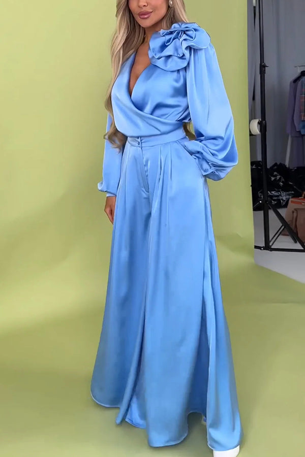 Solid Color V-neck Long-sleeved Large Flower Decorated Top and Casual Pocket Wide-leg Pants Set