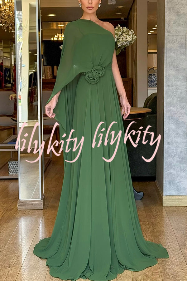 Iriena Chiffon One Shoulder Rose Decoration Waist Formal Maxi Dress