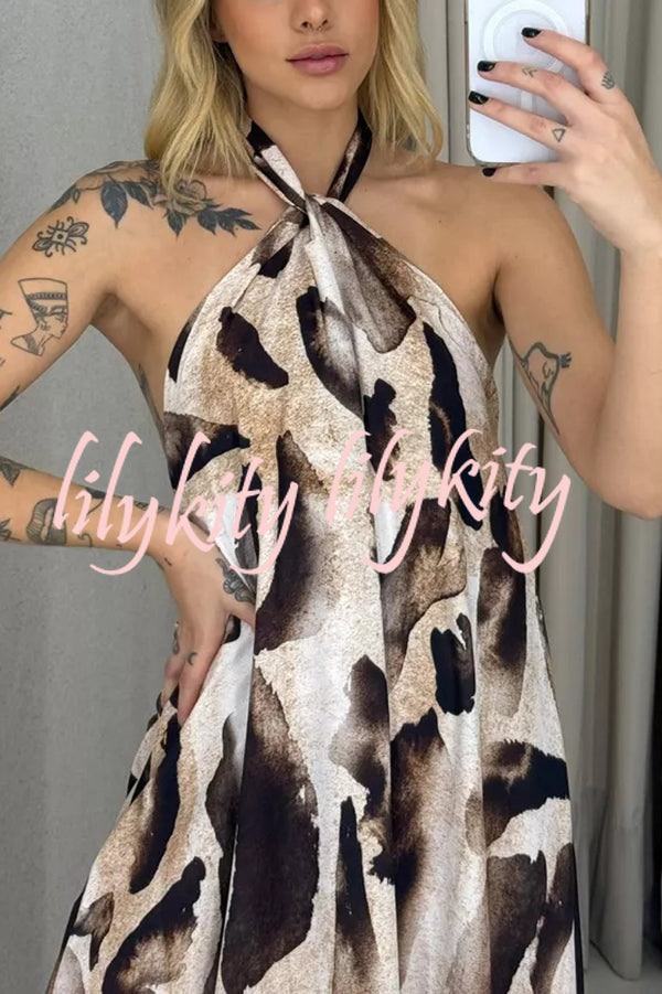 Leopard Print Sexy Halter Neck Backless Loose Maxi Dress