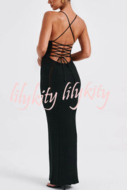 Warm Weather Favorite Knit Crochet Hollow Out Back Lace-up Stretch Maxi Dress