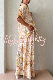 Knightly Linen Blend Mythological Pattern Elastic Waist Pocketed Wide Leg Pants