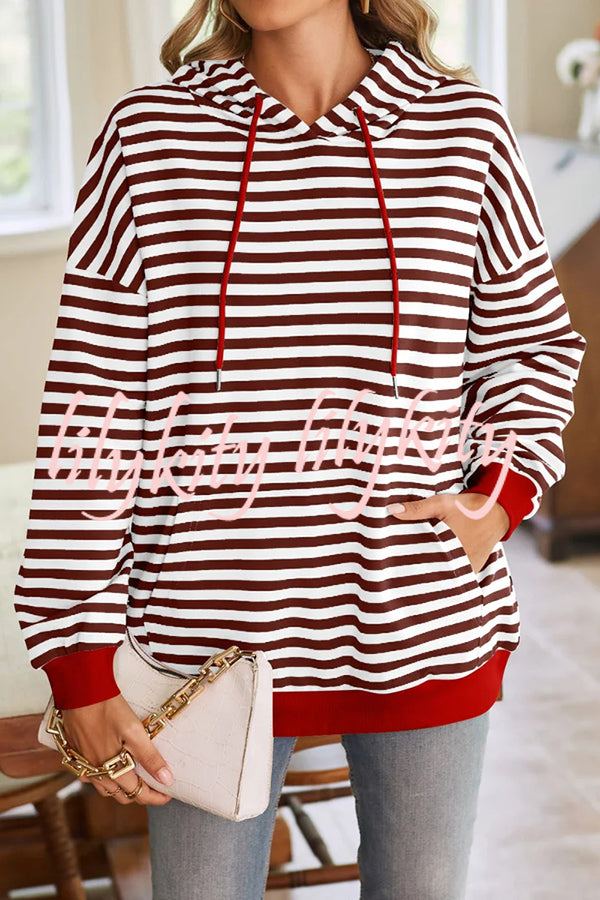 Striped Print Long Sleeve Pocket Loose Hoodie