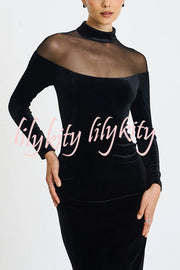 Fashionable Velvet and Mesh Spliced long-sleeved Slim-fit Maxi Dress