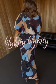 Mara Pleated Fabric Metallic Speckled Color Block Print One Shoulder Maxi Dress
