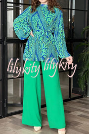 Unique Printed Puff Sleeve Pleated Loose Top and Casual Wide-leg Pants Set