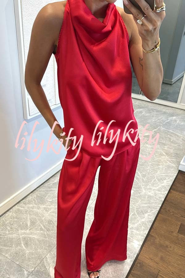 Classic on You Satin High Cowl Neck Top and Elastic Waist Pocket Loose Pants Set