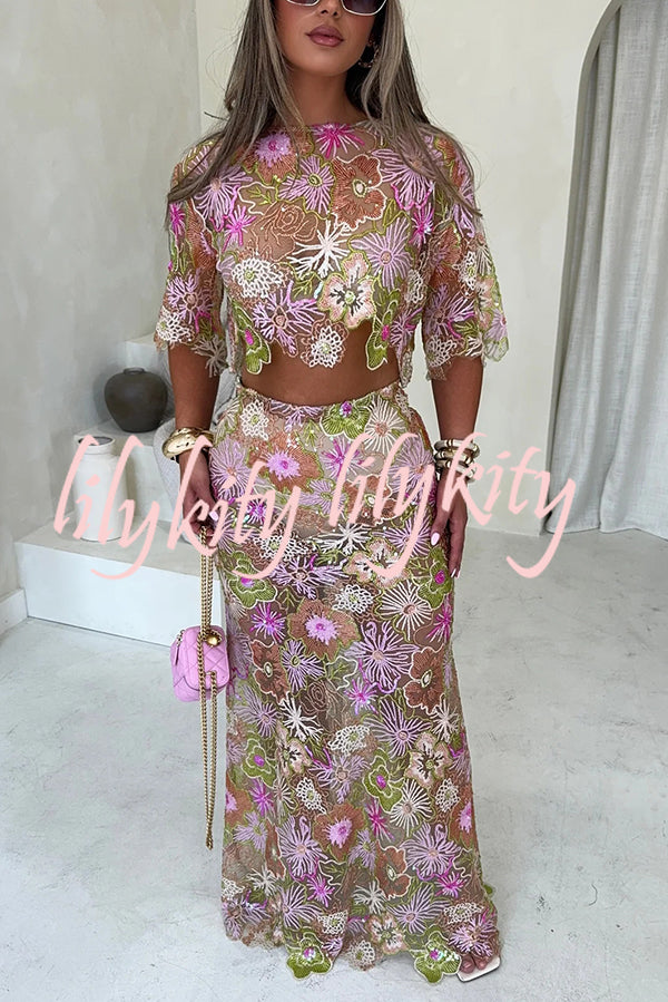 Fashionable Embroidered Flower Sequined Crop Top and Elegant Sheer Maxi Skirt Set