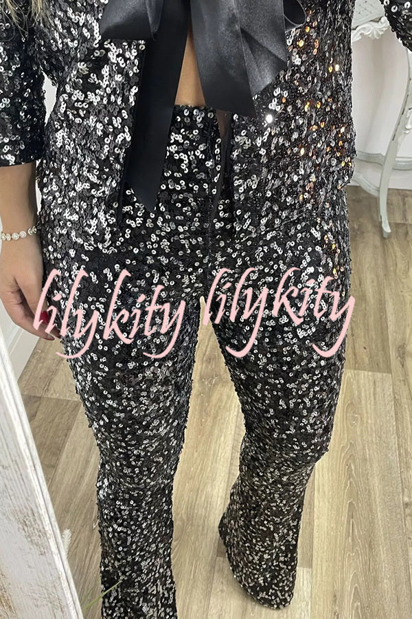 Holiday Cheer Sequin High Rise Elastic Waist Flared Stretch Pants