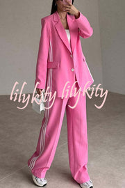 Fresh and Casual Style Striped Trim Lapel Blazer and High Rise Pocket Loose Pants Set