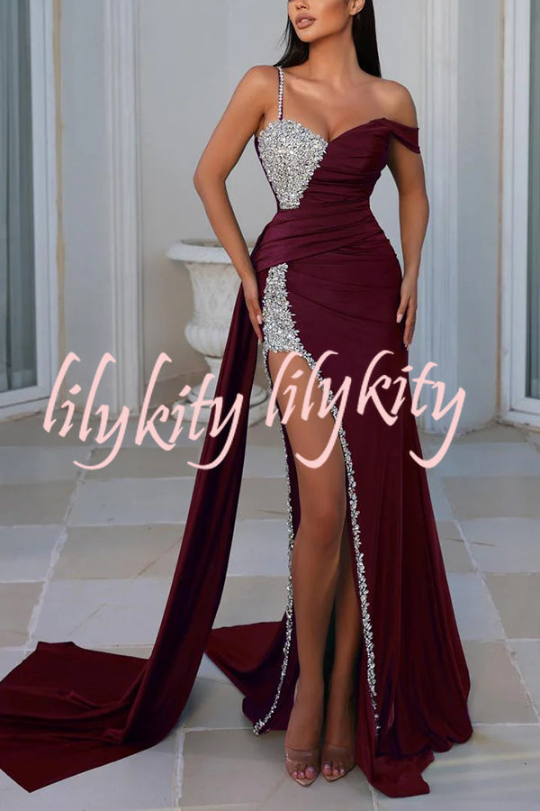 Adelynn Sequin Patchwork One Shoulder Ruched Slit Prom Maxi Dress