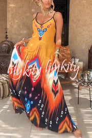 Unique Printed Suspender V-neck Loose Maxi Dress