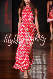 Unique Printed Sleeveless Halterneck Tie-waist Slit Maxi Dress