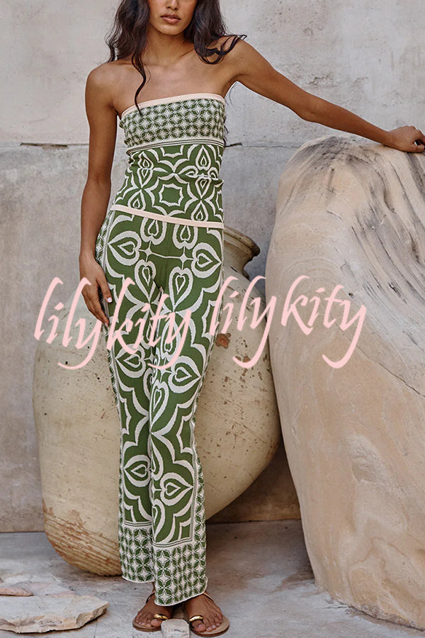 Orla Knit Mosaic Tile Print Bandeau and High Rise Stretch Flared Pants Set