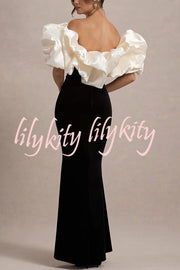 Cecily Velvet Off Shoulder Satin Structured Bardot Neck Stretch Maxi Dress