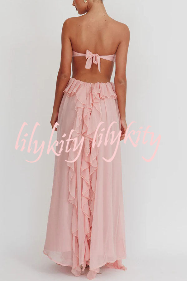 Gorgeous Vacation Halter Rose Detail Cut Out Ruffles Backless Maxi Dress