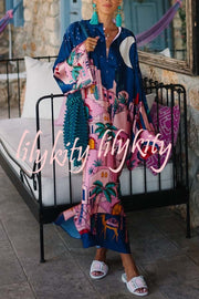 Seaside Stroll Satin Unique Print Button Up Long Sleeve Slit Kaftan Midi Dress