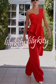 Amena One Shoulder Sweetheart Neck Ruffle Hem Top and Elastic Waist Pocket Wide Leg Pants Set