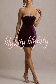 Effortlessly Elegant Velvet Jewel Embellished Trim Bandeau Mini Dress