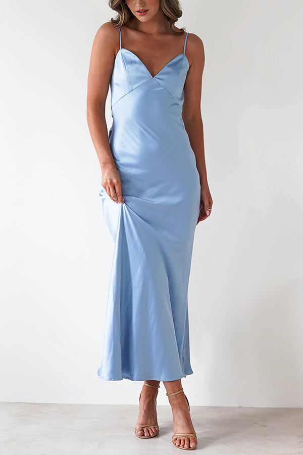 Satin Elegant Sling Backless Lace-Up Midi Dress