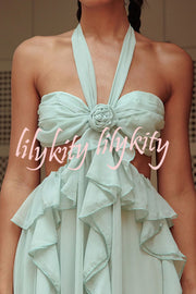 Gorgeous Vacation Halter Rose Detail Cut Out Ruffles Backless Maxi Dress