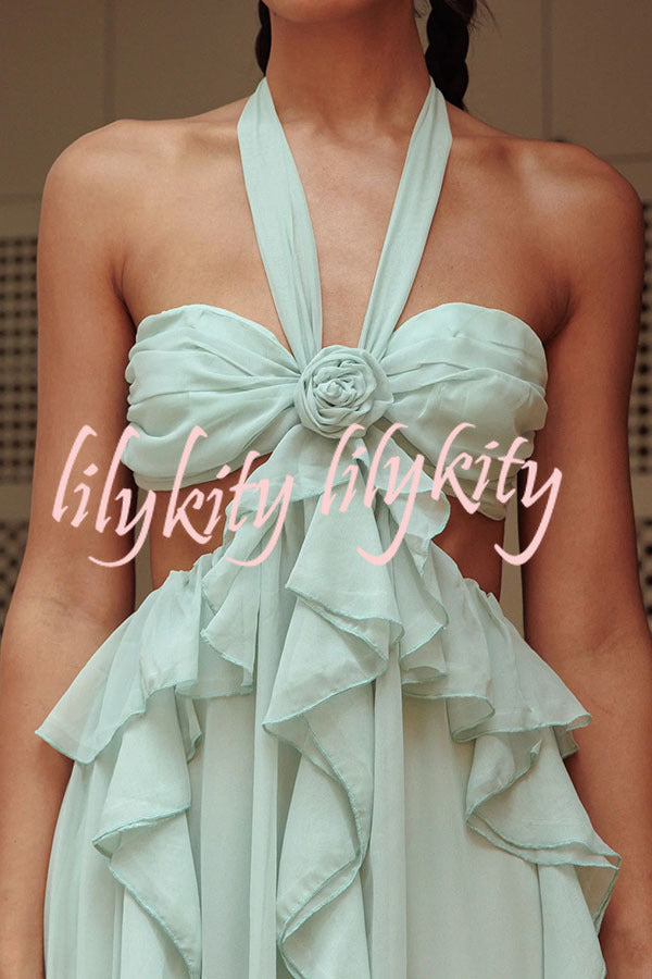 Gorgeous Vacation Halter Rose Detail Cut Out Ruffles Backless Maxi Dress