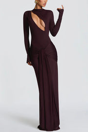 Sexy Cutout Fitted Long-sleeved Pleated Satin Ribbon Maxi Dresses