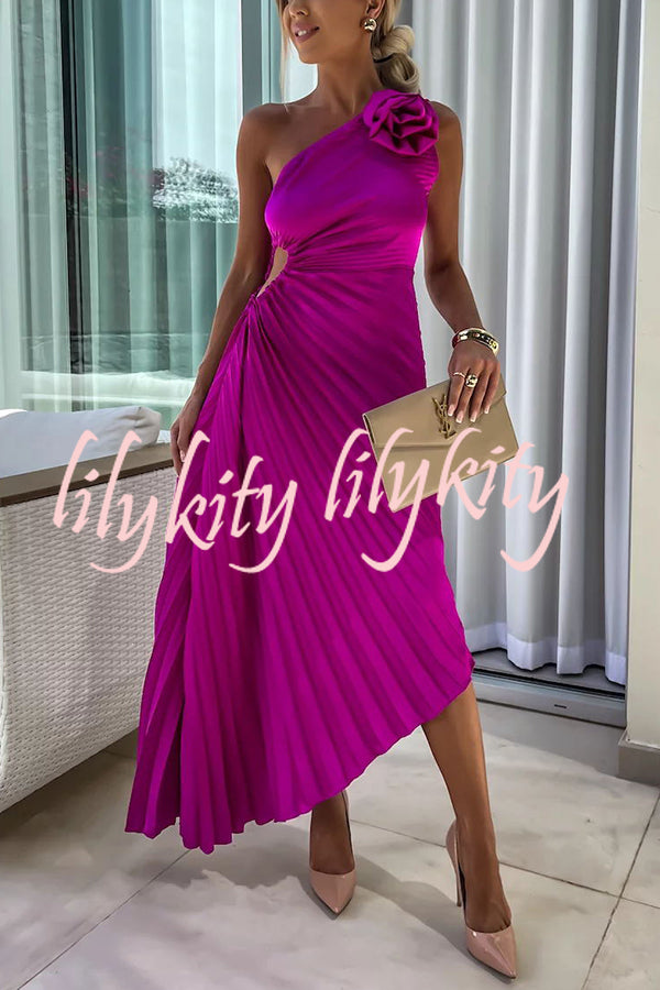 Romantic Nights Satin Raised Flower Elastic Cutout One Shoulder Pleated Maxi Dress