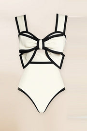 Bow Swimsuit and Elastic Waist Spotted One Piece Swimsuit + Skirt